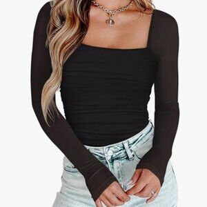 PINKMSTYLE Womens Square Neck Mesh Long Sleeve Bodysuit Shapewear Corset Tops